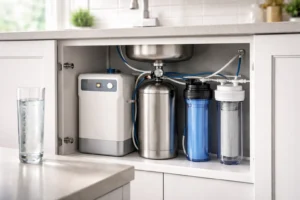 Ozone water treatment system installed under kitchen sink with filtration units and clean drinking water glass