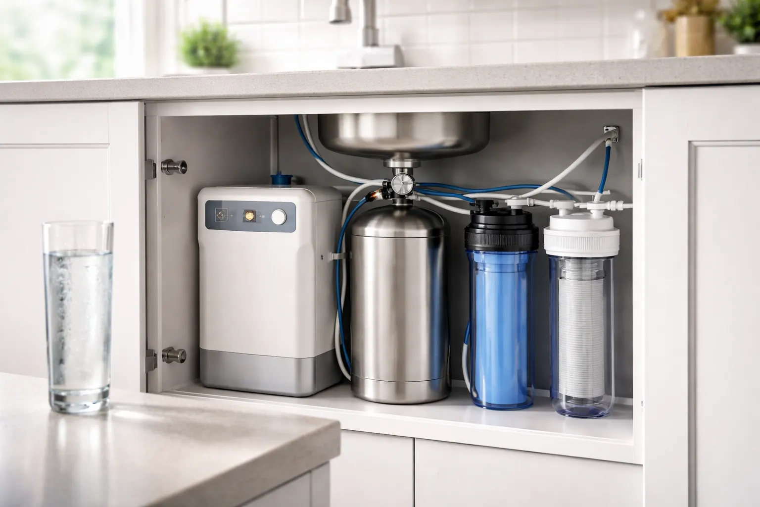 Ozone water treatment system installed under kitchen sink with filtration units and clean drinking water glass