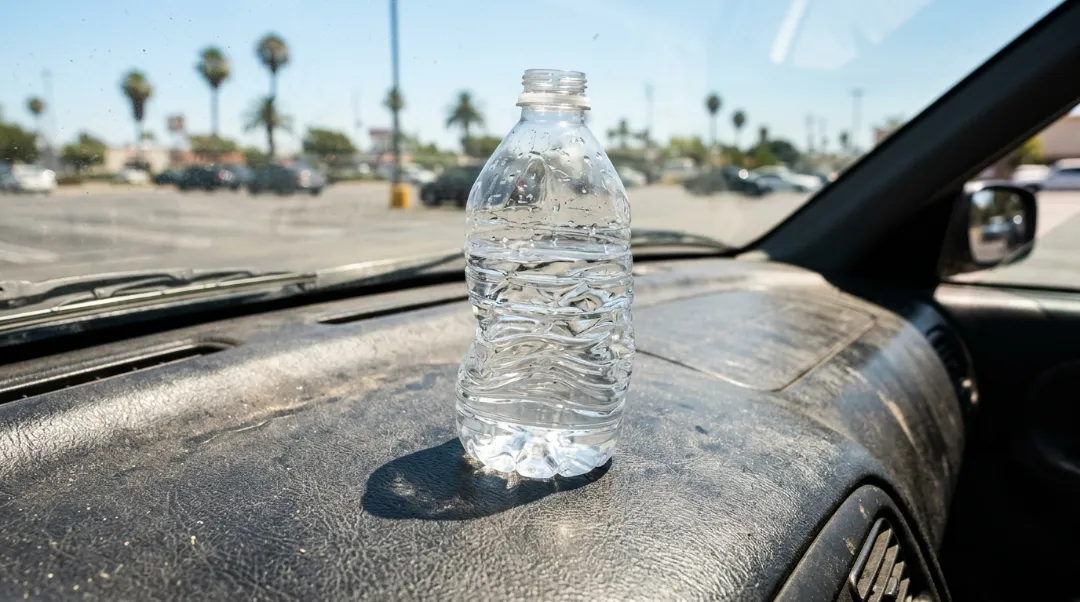 A clear, partially filled plastic water bottle sitting on a dusty black car dashboard in direct sunlight, illustrating potential fire and chemical leaching risks.