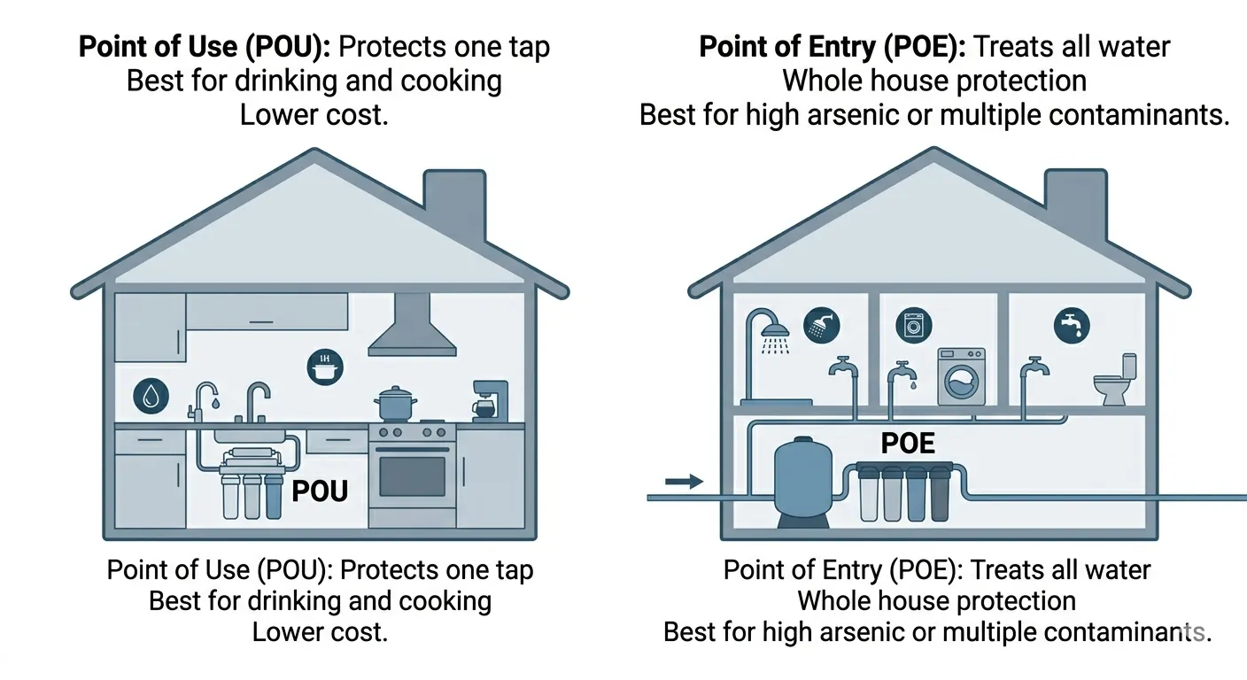 A side-by-side technical illustration comparing Point of Use (POU) filtration installed under a kitchen sink versus Point of Entry (POE) filtration installed at the main water line for whole-house treatment.