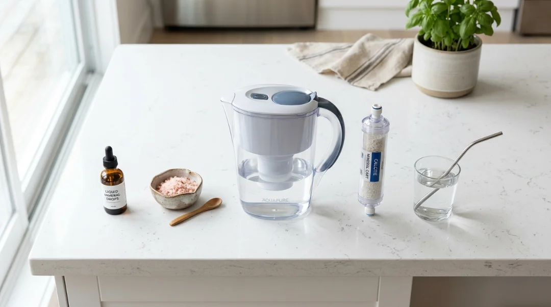 A kitchen countertop displaying five different tools for water remineralization, including liquid mineral drops, Himalayan salt in a bowl, a water filter pitcher, and a dedicated calcite mineral cartridge.