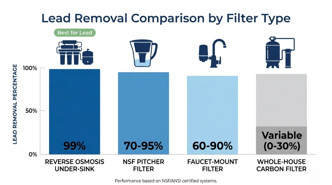 A bar graph titled "Lead Removal Comparison by Filter Type" showing Reverse Osmosis under-sink systems at 99% efficiency, NSF Pitcher Filters at 70-95%, Faucet-Mount Filters at 60-90%, and Whole-House Carbon Filters at a variable 0-30%.