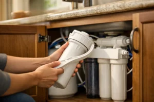 Reverse osmosis water filter replacement under kitchen sink changing RO cartridge
