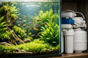 Reverse osmosis water for fish tank with healthy aquarium plants and fish supported by RO filtration system