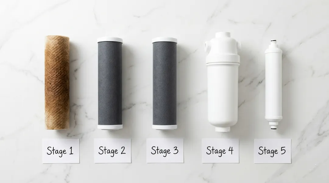 A top-down view of five different water filter cartridges laid out in a row on a white marble surface, labeled Stage 1 through Stage 5. The lineup includes a brown sediment filter, two carbon block filters, a large white RO membrane housing, and a slim post-carbon inline filter.