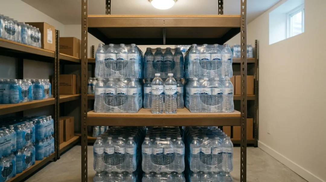 Neatly stacked cases of bottled water on heavy-duty metal shelving in a cool, dimly lit basement for long-term emergency storage.