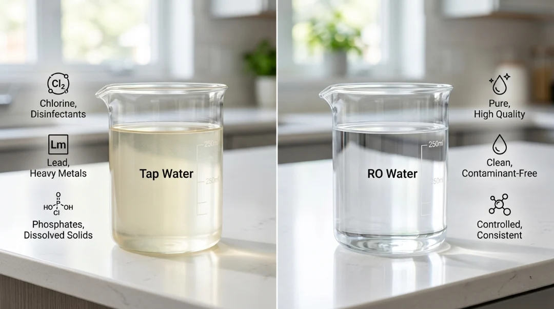 A side-by-side comparison of two glass beakers; the left beaker contains yellowish tap water labeled with contaminants like chlorine and heavy metals, while the right beaker contains clear RO water labeled as pure and contaminant-free.