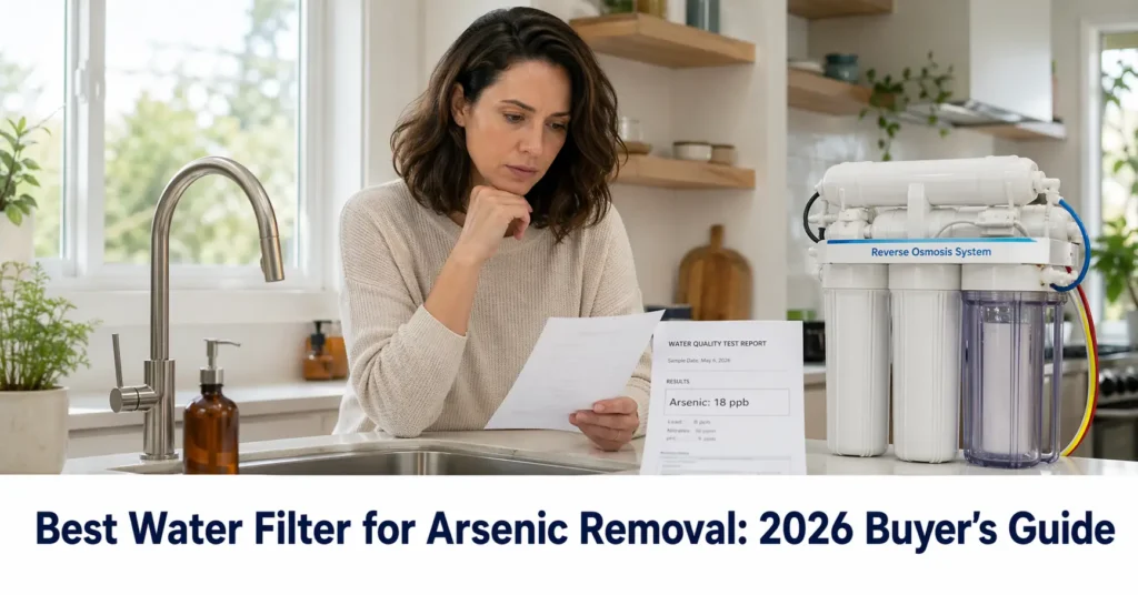 water filter for arsenic shown with reverse osmosis system and homeowner reviewing water test report showing arsenic 18 ppb in kitchen
