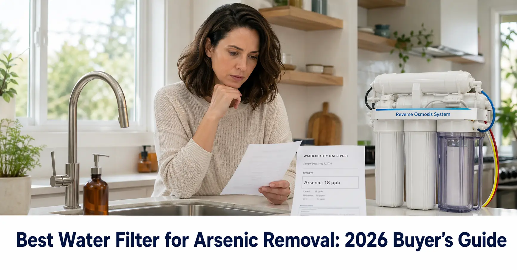 water filter for arsenic shown with reverse osmosis system and homeowner reviewing water test report showing arsenic 18 ppb in kitchen