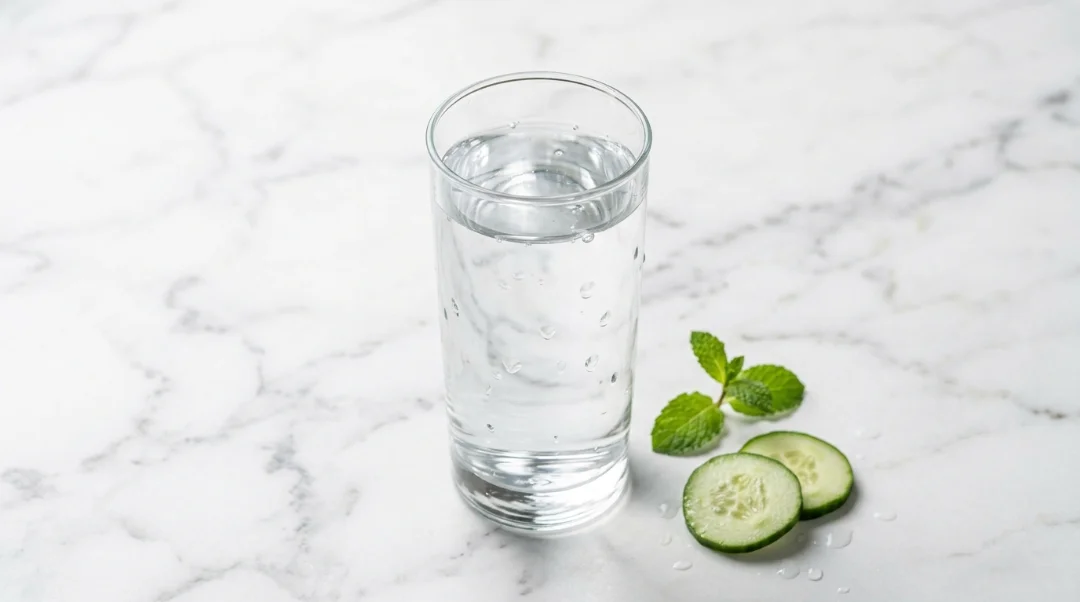A clear glass of water with cucumber and mint, illustrating the question of what does water taste like when infused with minerals or fresh ingredients.