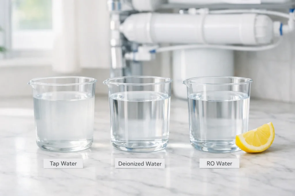 What is deionized water comparison with tap water and reverse osmosis water in clear glass containers