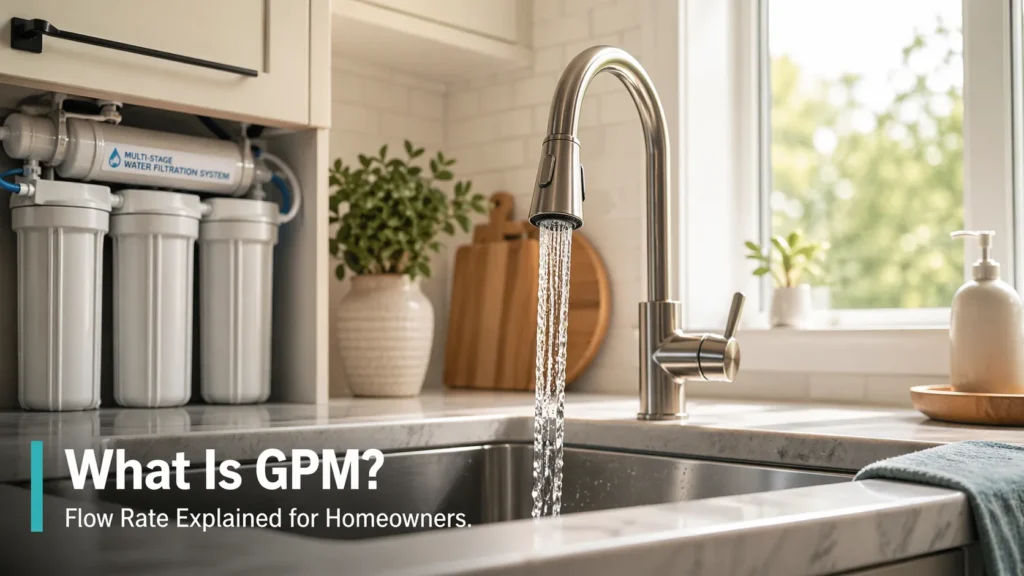 What Is GPM concept shown with modern kitchen faucet running water and under-sink filtration system