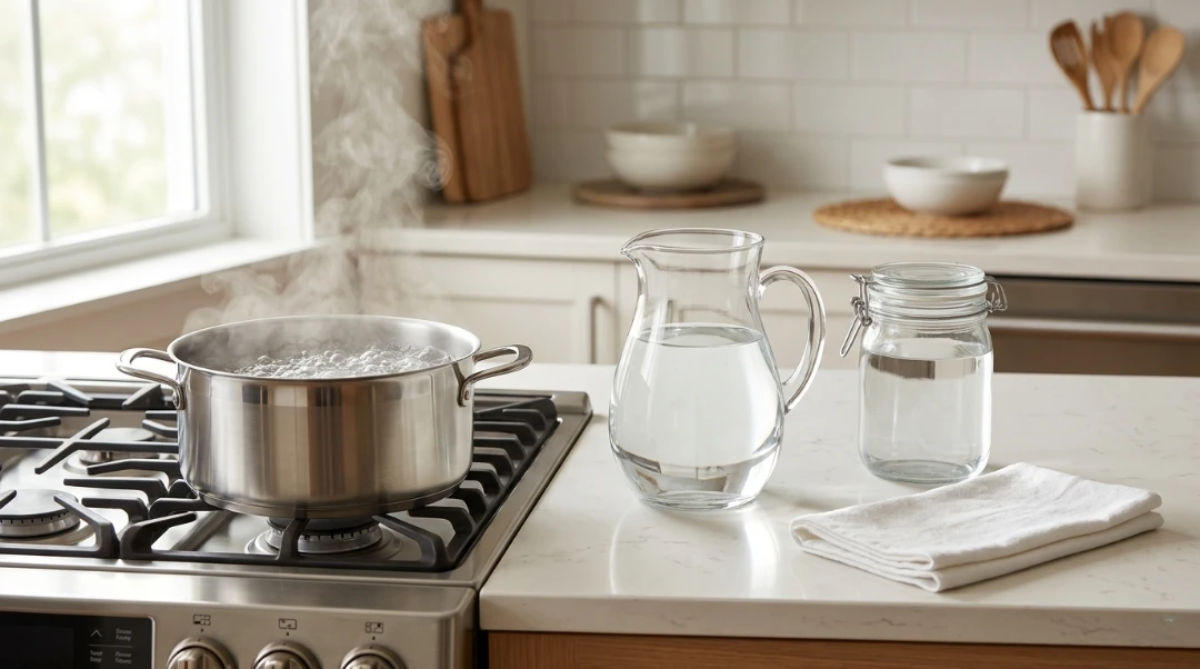 A close-up of a pot of vigorously boiling water on a gas stove next to a clear glass pitcher and a sealed glass jar, illustrating when boiling makes sense and when it does not for household water safety.