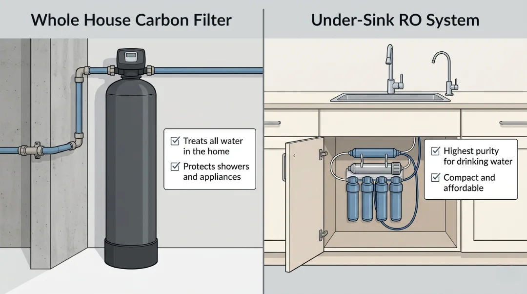 side-by-side comparison of a large whole house carbon filter tank in a garage and a multi-stage under-sink reverse osmosis system in a kitchen cabinet.