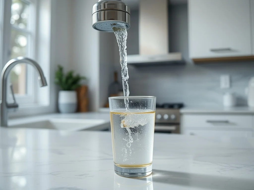 A close-up of slightly discolored, yellowish tap water pouring from a chrome kitchen faucet into a clear glass on a white countertop.