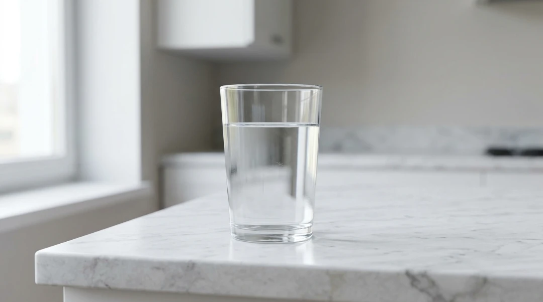 A single clear glass of reverse osmosis purified water sitting on a white marble kitchen countertop, representing pure water that has had minerals removed.