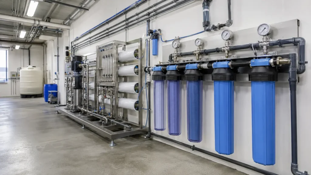 A complex industrial reverse osmosis unit and blue filtration canisters mounted in a facility, representing professional commercial water system repair and maintenance services.