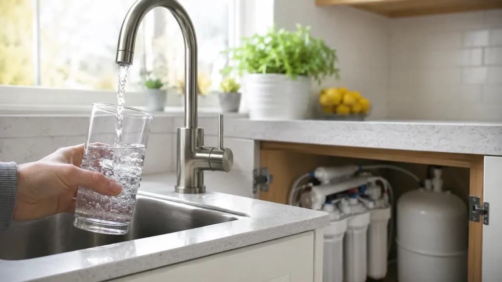 A hand filling a clear glass with drinking water from a kitchen tap to show how an under-sink reverse osmosis system works, answering the question do water filters remove bacteria and harmful contaminants.