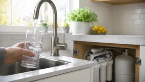 A hand filling a clear glass with drinking water from a kitchen tap to show how an under-sink reverse osmosis system works, answering the question do water filters remove bacteria and harmful contaminants.