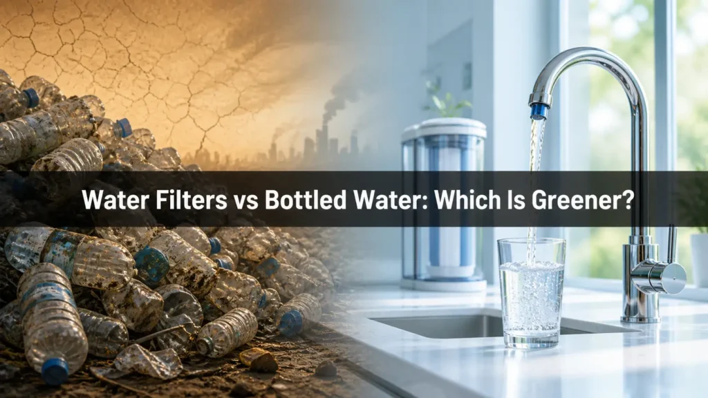 A comparison showing the environmental impact of water filters versus a massive pile of plastic bottles in a polluted landscape to highlight sustainability.
