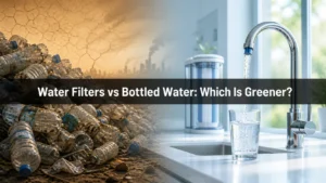 A comparison showing the environmental impact of water filters versus a massive pile of plastic bottles in a polluted landscape to highlight sustainability.