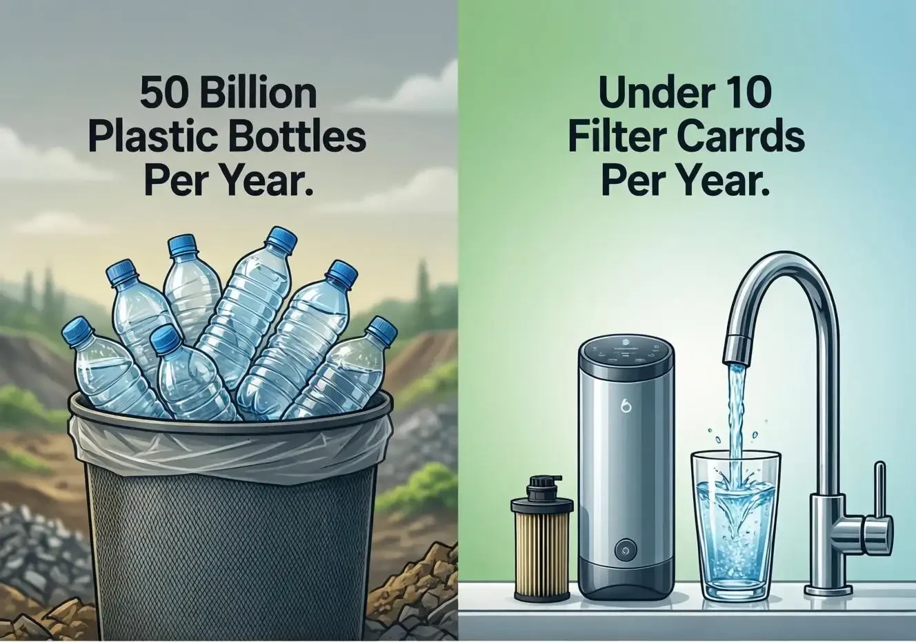 Infographic showing the environmental impact of water filters compared to bottled water, contrasting 50 billion plastic bottles per year with under 10 filter cartridges.