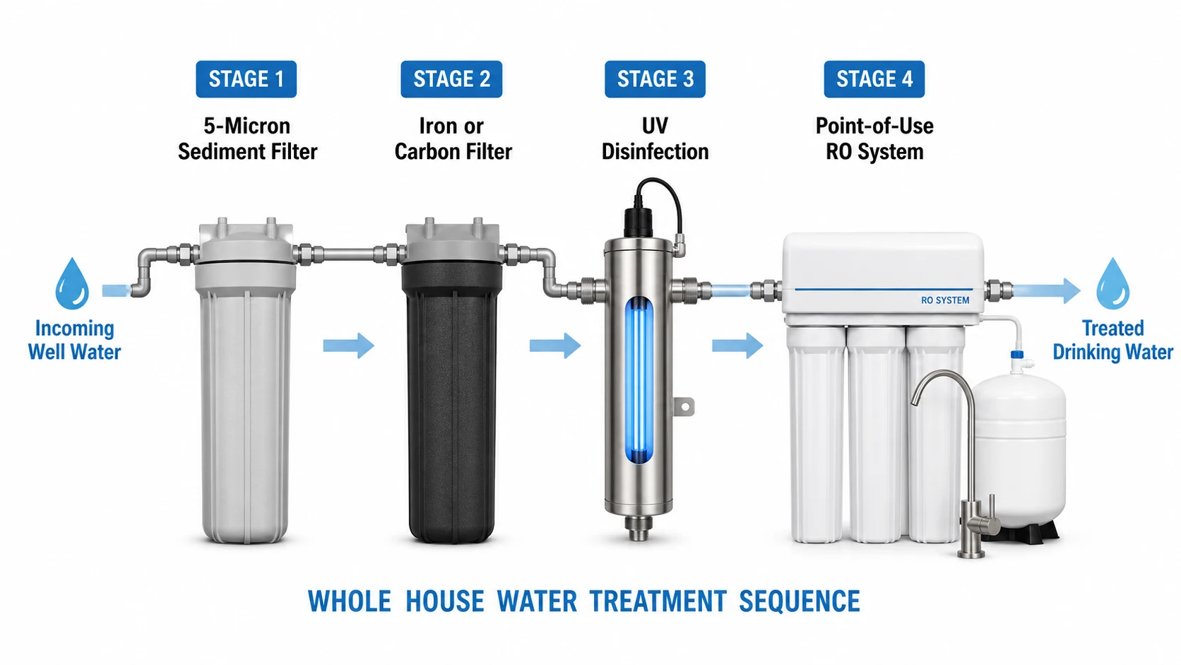 This showing how to set up a whole house water filter with uv light sequential steps from incoming well water to treated drinking water.