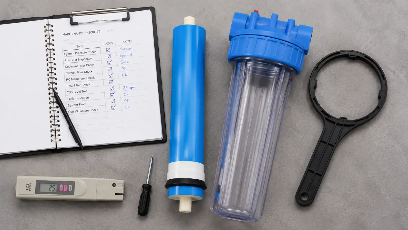 A maintenance checklist for industrial water filter maintenance services alongside a TDS meter, RO membrane, filter housing, and housing wrench.