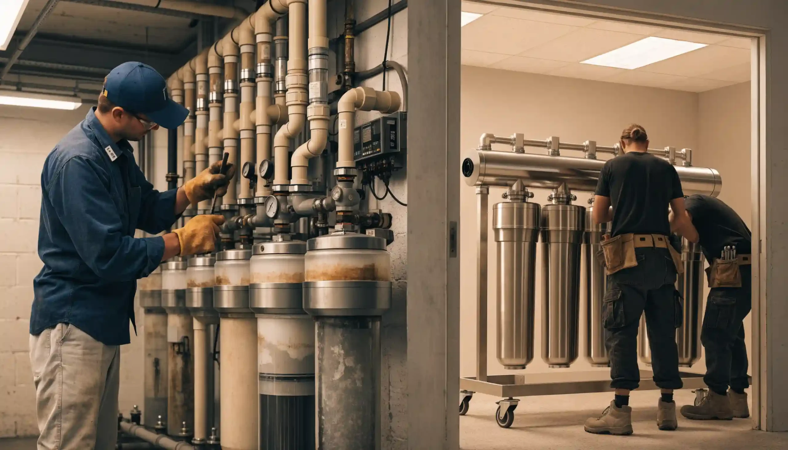 A split-scene showing a technician performing a water bill analysis and system check next to a team installing a high-end stainless steel commercial water filtration system in Tracy, California.