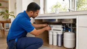 Professional technician installing a high-quality reverse osmosis system for homes under a kitchen sink to provide clean drinking water.