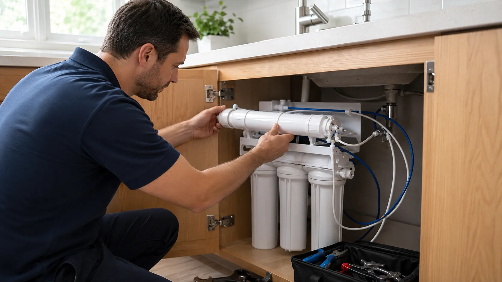 A professional technician installing a reverse osmosis water filter for microplastics under a kitchen sink in a Tracy, CA home.