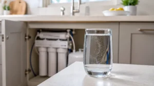 A high-efficiency under-sink reverse osmosis water filter for microplastics installed in a kitchen with a clear glass of purified water in the foreground.
