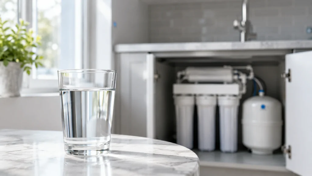 A glass of clean drinking water sits on a marble counter in the foreground, with a multi-stage water filtration system and storage tank visible inside an open kitchen cabinet in the background.