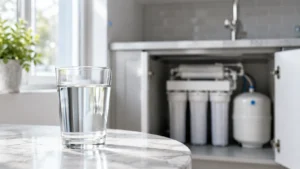 A glass of clean drinking water sits on a marble counter in the foreground, with a multi-stage water filtration system and storage tank visible inside an open kitchen cabinet in the background.