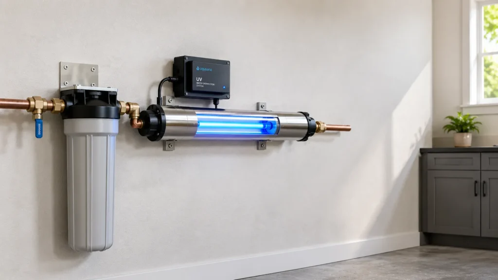 A whole house uv light water filter system mounted on a wall with a pre-filter housing and a glowing blue ultraviolet disinfection chamber.