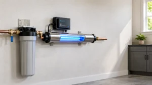 A whole house uv light water filter system mounted on a wall with a pre-filter housing and a glowing blue ultraviolet disinfection chamber.