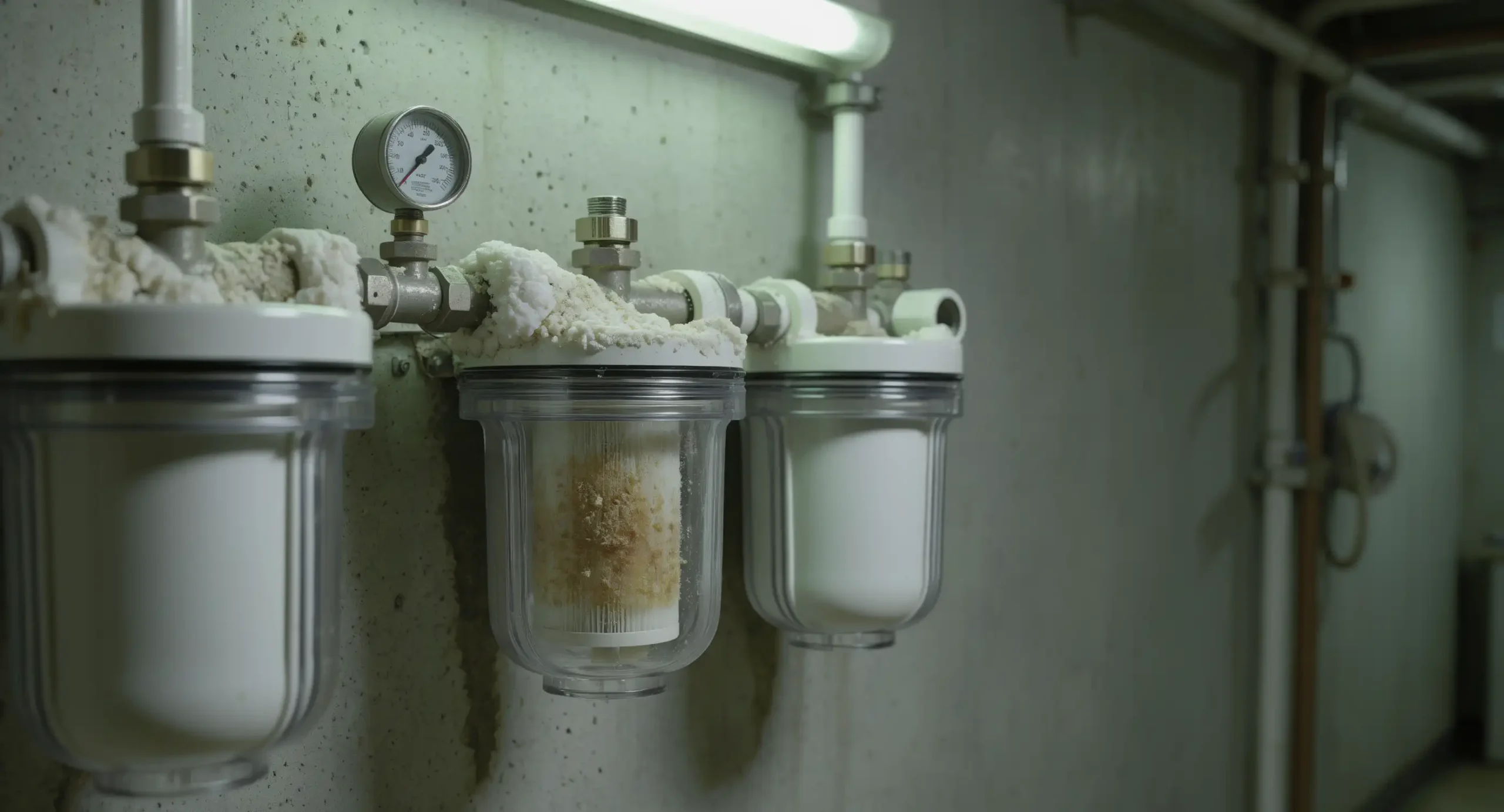 A close-up of a commercial water system showing heavy mineral buildup and a discolored filter, illustrating the warning signs your commercial water system needs repair.
