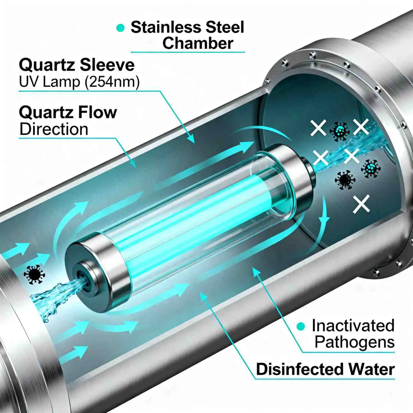 A cross-section diagram showing what a uv light water filter actually does to destroy bacteria and pathogens passing through a stainless steel disinfection chamber.