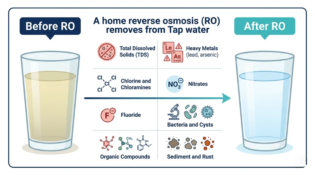 A comparison chart showing how a home reverse osmosis system removes contaminants like lead, arsenic, fluoride, and chlorine from tap water for clean drinking results.