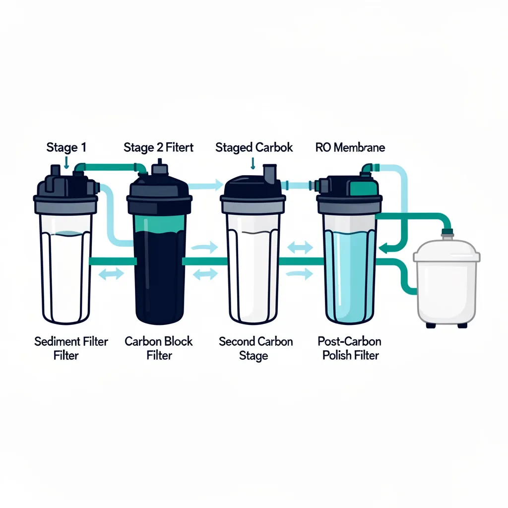 A technical diagram illustrating how a multi-stage reverse osmosis system for homes works, showing the sediment filter, carbon block, and RO membrane stages.