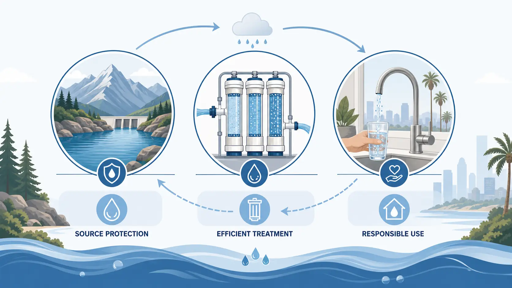 An infographic diagram explaining what is sustainable water management through a three-stage circular lifecycle: Source Protection at a mountain reservoir, Efficient Treatment via a filtration system, and Responsible Use at a household tap.