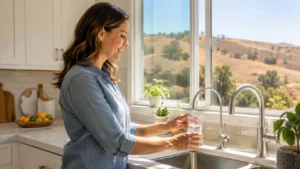 A woman filling a glass with clean drinking water from a kitchen tap, illustrating what is sustainable water management through responsible home water usage.