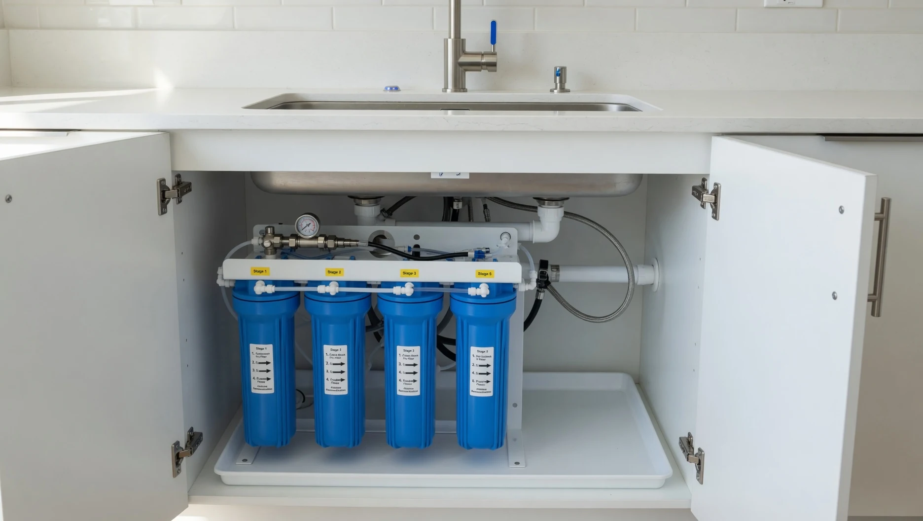 A multi-stage blue water filtration system installed under a kitchen sink with open cabinet doors, demonstrating what sustainable water management looks like at the household level.