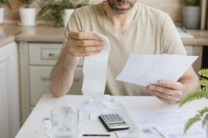 A man sitting at a kitchen table using a calculator to review bills and receipts, looking for answers to "why is my water bill so high" while managing household expenses.