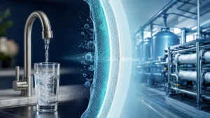 Applications of reverse osmosis showing a kitchen faucet filling a glass of water alongside a large industrial reverse osmosis water system being separated by a semipermeable membrane filtering out contaminants