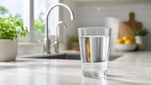 A clear glass of purified water sitting on a bright kitchen countertop, answering the question: can you drink ro water safely?