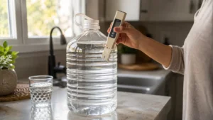 Does deionized water expire testing deionized water quality with a TDS meter beside a large water container in a home kitchen