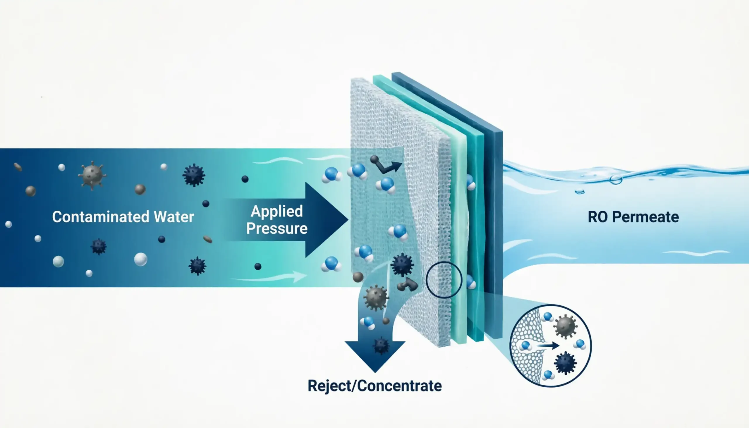 different types of filtration diagram showing a cross section of multi layer reverse osmosis membrane filtering out contaminants from contaminated water under applied pressure to produce ro permeate and a reject concentrate stream