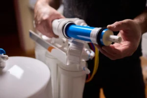A water specialist maintaining a reverse osmosis system, demonstrating how to flush ro membrane elements alongside different types of filtration components.