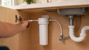 A person connecting the water line tubing to a newly mounted white water filtration canister, demonstrating how to install under sink water filter systems.